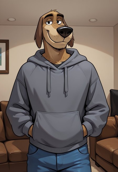 high quality, detailed, source_furry, male, solo male, Dukey, 1boy, broad shoulders, mature male, black eyes, athletic build, animal ears, canine, stubble, anthro, anthro male, tan body, bottom heavy, floppy ears, long snout, light tan underbelly, grinning, looking at viewer, hands in front pocket, gray hoodie, blue jeans, half-body shot, living room, high quality