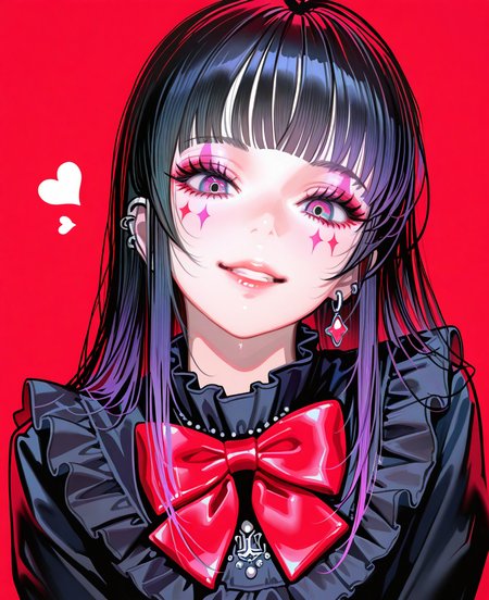 <lora:johnC:1>,
(masterpiece), (best quality), (ultra-detailed), amazing quality, very aesthetic, illustration, perfect composition, intricate details, absurdres, incredibly absurdres, shiny skin, realistic,
 john, 1girl, solo, long hair, black hair, looking at viewer, bow, red background, bowtie, smile, multicolored hair, red bow, blunt bangs, simple background, upper body, eyelashes, parted lips, piercing, makeup, lips, heart, red bowtie, color hair, facial mark, frills, red lips, multicolored eyes, general