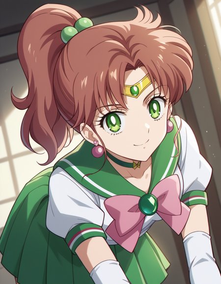 score_9, score_8_up, score_7_up, source_anime, <lora:makoto-kino-eternal-movie1-ponyxl-lora-nochekaiser_r1:1>, makoto kino, brown hair, circlet, green eyes, hair bobbles, hair ornament, medium hair, ponytail, sidelocks, parted bangs,, back bow, bow, bowtie, brooch, choker, earrings, elbow gloves, flower earrings, gem, gloves, green choker, green gemstone, green sailor collar, green skirt, jewelry, miniskirt, pink bow, pink bowtie, pleated skirt, sailor collar, shirt, short sleeves, sidelocks, skirt, white gloves, white shirt,, indoors, bent over, smile, looking at viewer, solo,, cowboy shot, dutch angle