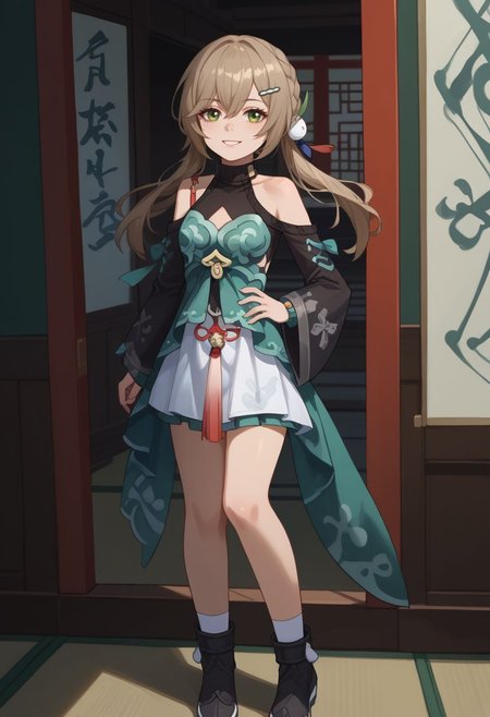 score_9, score_8_up, score_7_up, source_anime, 1girl, qingquedef, green eyes, brown hair, long hair, twintails, braid, hair ornament, hairclip, small breasts, bare shoulders, shoulder cutout, clothing cutout, cleavage cutout, turtleneck, dress, long sleeves, skirt, tassel, white socks, black footwear, boots, standing, smile, looking at viewer, indoors, shrine, close-up, facing viewer, hand on hip, <lora:Qingque_v1-000010:1>