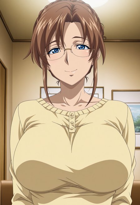1girl,solo,misako,mature female,glasses,brown hair,blue eyes,large breasts,anime coloring,
shirt,upper body,looking at viewer, smile,indoors
,masterpiece,best quality,amazing quality,<lora:Misako_Takakura-Ayatsuri_Haramase_DreamNote_ix:0.8>