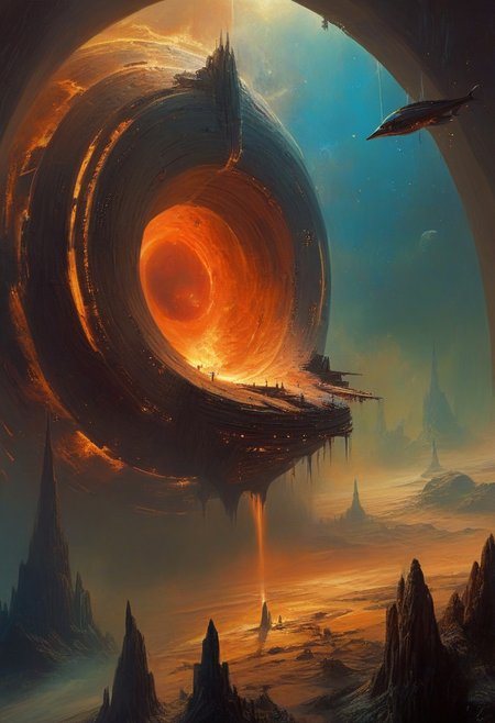 best quality, masterpiece, painting, concept art,  ((((High angle From avove, camera from above, Bird's-eye view, aerial shot view)))), In the heart of the absurdes, a giant black hole consumed fantasy village.The village within are portrayed with intricate detail, surreal masterpiece of contrast, blending the energy of  fantasy village with the scifi aesthetic of a giant black hole,mix of science fiction and fantasy,deadly void,swirling,attraction,interaction,low gravity,scifi dark fantasy,vibrant colors,dramatic,tragic,melancholy,dark dream,cosmic horror,alienscape,dreamscape,otherworldy,professional,perfection,visually stunning,mesmerizing,disturbing,mystical touch,highly detailed, intricate,painted in high resolution,close-up,  primary colors, no gradients, illustration, (no humans:1.3)
<lora:John Harris Style:0.8> John Harris Style page,Arik roper,Ben Templesmith
