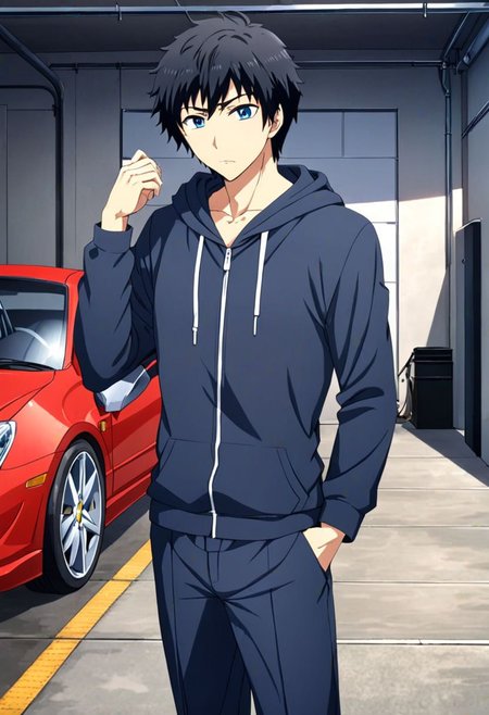 high resolution, solo, best quality, 1Boy, Arata Kaizaki, Black Hair, Blue Eyes, lounge suit, hoodie, car garage, OverallDetail