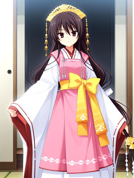 masterpiece,best quality,newest,absurdres,highres,detailed eyes,beautiful,detailed background,solo,perfect eyes,anime coloring,full_shot,anime screencap,
nsfw,explicit,<lora:add-detail-xl:1>,<lora:ponyv4_noob1_2_adamW-000017:0.8>,wear clothes,
1girl,
looking at viewer,standing,
<lora:il-unohana-sakuya-KAMI:1>,il-unohana-sakuya,1girl,ukami outfit,solo,very long hair,wearing a pure white furisode kimono with long flowing sleeves and a floor-length hem,layered with red and pink fabrics,a  pink upper long apron integrated into the outfit,shrine maiden ceremonial outfit,golden headdress,yellow bow on waist,elegant white gown with a trailing hem,a ceremonial deep red pleated inner garment trailing beneath the outer white kimono,
holding closed black fan,