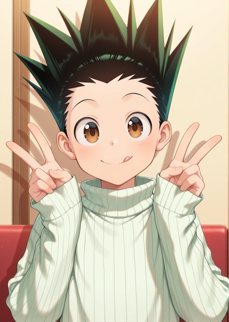 masterpiece, best quality, absurdres, amazing quality, 1boy, solo,  <lora:IlluGon-000010:1> illugon, black hair, green hair, spiked hair, brown eyes, turtleneck sweater, ribbed sweater, sleeves past wrists, upper body, smile, hands up, double v, tongue out, closed mouth,