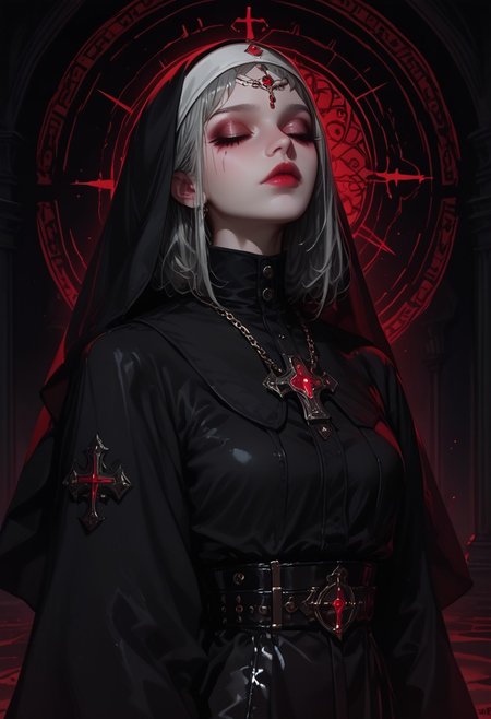 **masterpiece, score_9, score_8_up, hyper-detailed, 8K, full body illustration, cult wizard, digital illustration, woman, ritual, mystic energy, arcane symbols, glowing runes, dark atmosphere, ethereal light, powerful aura, ceremonial staff, ancient book, sacred circle, ominous mood, intense focus, pose: standing tall, arms raised, casting a spell, one hand holding a ritual dagger, other hand glowing with magical energy, head slightly tilted, eyes closed, lips slightly parted, makeup: bold dark eyeliner, dramatic smoky eyes, deep red lips, pale skin, hairstyle: long, flowing silver hair, slightly wavy, adorned with magical symbols, mystical ornaments, hair tied back with enchanted silver ribbon, ornate circlet with emerald gemstone on forehead, clothing style: dark, flowing robes, deep purple and black hues, shimmering silver accents, velvet fabric, intricate embroidery with mystical symbols, tattered edges, gold chain belt with crystal charms, large leather boots with silver buckles, detailed magical accessories, glowing gemstones, high fantasy artistic brilliance, intricate details, mystical lighting, dark and moody color palette, surreal atmosphere, high resolution,sinozick style, flat color, dark theme, morimee_style, cute face, nun,latex,bdsm outfit