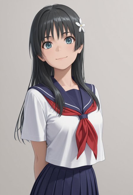 masterpiece,best quality,absurdres,highres,very aesthetic,high quality,detailed,insanely detailed,beautiful,
arms behind back, smile, upper body, looking at viewer, solo, simple background, white background
 <lora:Saten Ruiko illu:1> 1girl, long hair, black hair, hair ornament, hair flower, blue eyes, sakugawa school uniform, summer uniform, serafuku, sailor collar, red neckerchief, blue skirt, pleated skirt, long skirt