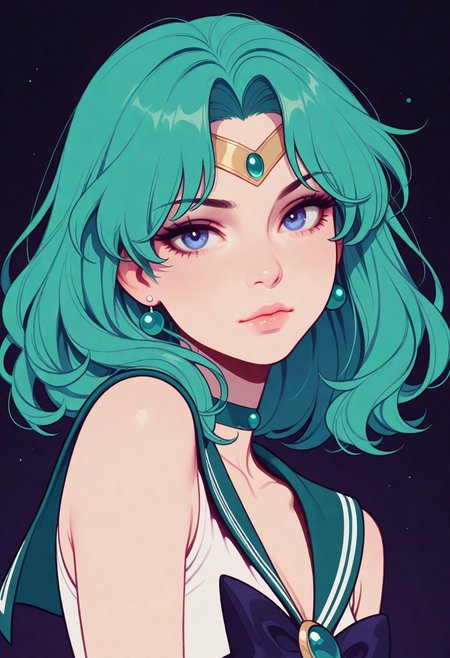 HDR, 8K, masterpiece, best quality, amazing quality, very aesthetic, realistic, newest, (artist:incase:0.5), (artist:tsuaii:1), (flat colors:2), haiz_ai, no lineart, no outline, 
solo, 1girl, sailor Neptune, looking at viewer, portrait, stay night sky with Neptune in the background