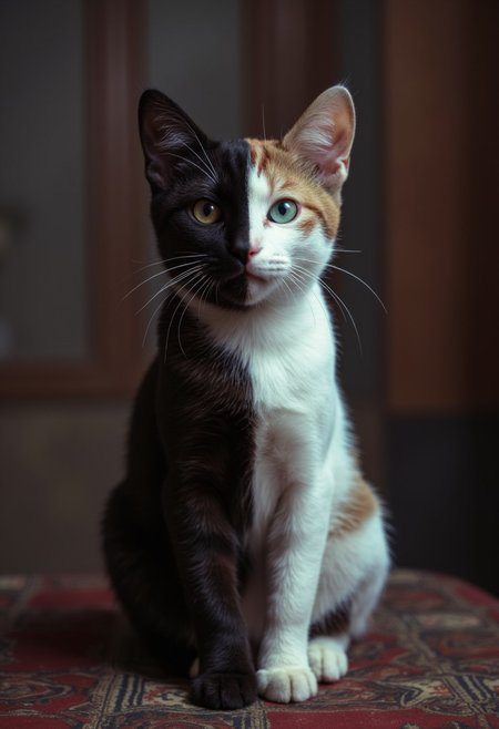 Vibrant Colorful, Realistic, analog photo, very detailed, photorealistic, 4k, photo of a cat split exactly down the middle into a purely black and a purely white side, Realistic analog photo, atmospheric lighting, volumetric lighting, cinematic, Epic Film Quality, n30nfilm