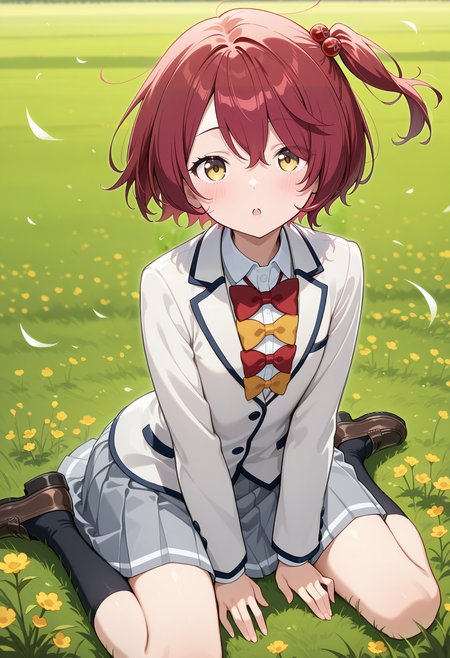aakomari, short hair, red hair, one side up, hair bobbles, school uniform, red bow, yellow bow, collared shirt, blazer, white jacket, long sleeves, pleated skirt, grey skirt, <lora:komari_chika_ilxl_v1:0.9>, solo, wariza, :o, field, wind, black socks, loafers,
ultra-detailed, masterpiece, newest, best quality