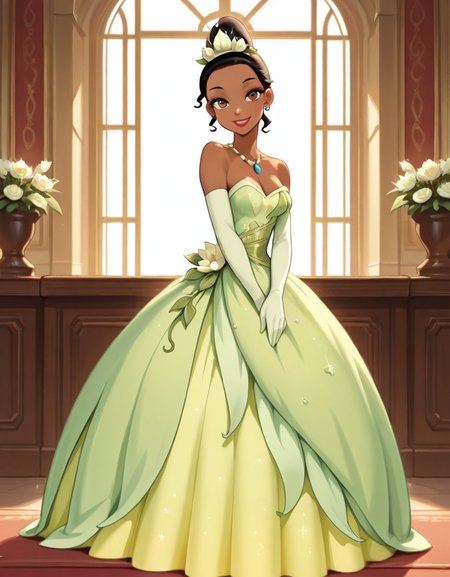 masterpiece, best quality, amazing quality,  very aesthetic, absurdres,  newest, detailed background, 4k, 8k, indoors, medium breasts, looking at viewer, 
tianaxd, 1girl, dress, solo, dark skin, gloves, dark-skinned female, necklace, jewelry, elbow gloves, smile, black hair, breasts, brown eyes, flower, strapless, bare shoulders, full body, green dress, cleavage, looking at viewer, earrings, lipstick, long dress, white gloves, gown, updo, hair ornament, strapless dress, green dress
<lora:Tiana_-_Disney_Illustrious:1>