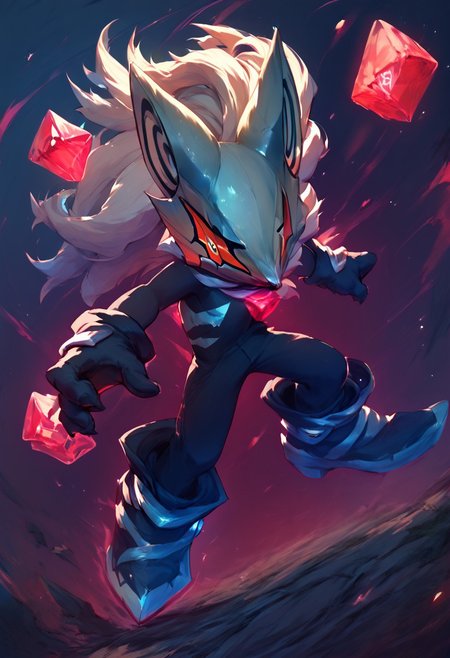 score_9, score_8_up, score_7_up, score_6_up, Infinite the jackal mask, ruby in chest, gloves, boots, solo, male, stylish male, illations, glowing cubes, action pose,