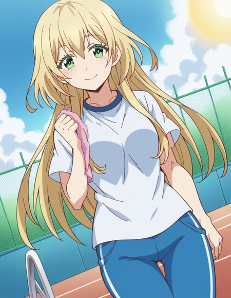 score_9, score_8_up, score_7_up, source_anime, <lora:yuki-nozaki-s1-ponyxl-lora-nochekaiser:1>, yuki nozaki, long hair, blonde hair, hair between eyes, green eyes, sidelocks,, shirt, pants, t-shirt, sportswear, track pants,, poolside, chairs, sun, towels, relaxation, smile, smile, looking at viewer, solo,, dutch angle, cowboy shot