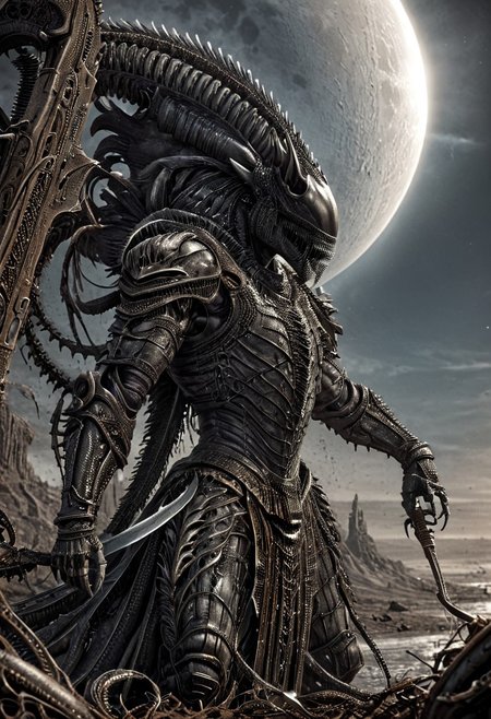 A fantastical image of a silver Xenomorph knight, clad in flowing, flowing robes, wielding an ornate, ornate blade. they wield the sword in a fluid, dynamic motion. The moon's reflection highlights their magical power, solo, wide angle, art by hr giger, Rusted, rusted landscape,