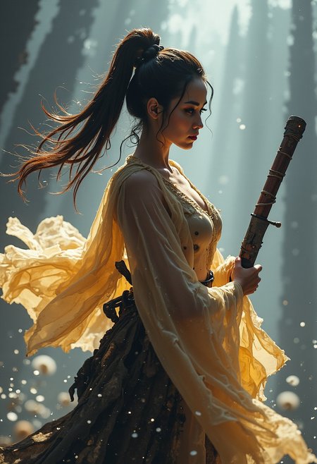 Atmospheric lighting, volumetric lighting, CloseUp, Upper Body Shot, FredFraiStyle inspired buxom Female ninja with wooden staff Standing Battle ready with a Natural powerful weapon, Cleavage, vibrant pastel colored in Grey, White and DARK yellow, Highly detailed analog photo close-up action scene of a woman in billowing transparent hanfu. The focus is on her staff, showcasing the reddish blur of light that trails with the swift motion of the weapon, capturing the dynamic speed of the fighter. Pressure Wave, floating particles, very detailed physic, The scene is set in a misty, fog-filled night with a desaturated color palette. The background is hazy, while motion streaks and dynamic lighting enhance the sense of speed and intensity, with the knight’s glow piercing through the mist.