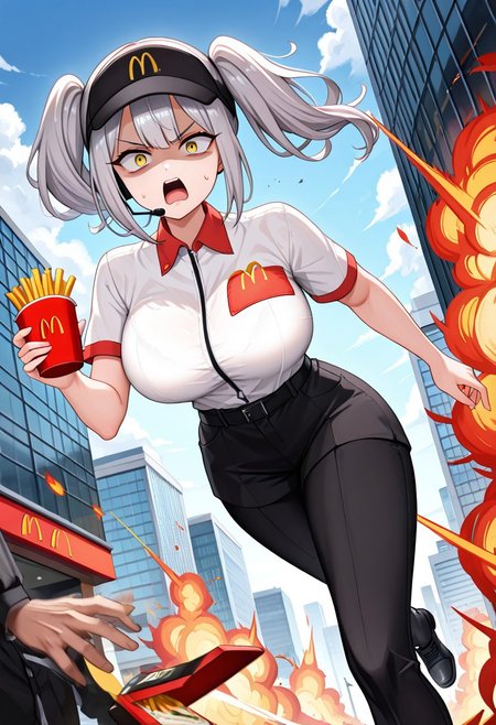 masterpiece, best quality,
belorta, twintails, short hair, gray hair, big breast, yellow eyes, shaded face, scared, 
mac, McDonald's uniform, black uniform, black hat, headset, holding hamburgers, angry mob, running, explosion in background, building on fire, fighter plane in background, cloudy skies, motion blur, dynamic pose, running pose, holding french fries, black pants, looking behind, speed lines,