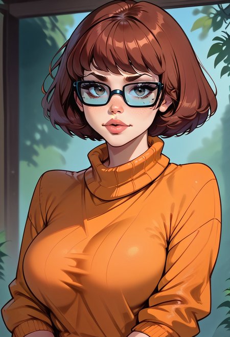 score_9, score_8_up, score_7_up, score_6_up, 1girl, solo, looking at viewer, flirty, Velma,