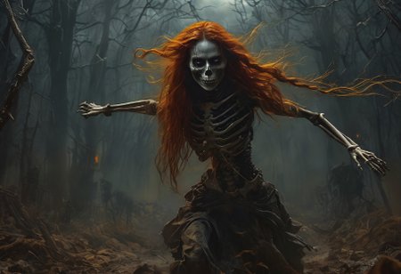 O photo of a skeleton woman with long red hair Dark Art Painting Style in a horror movie cinematic style, dark, moody, dark fantasy style,bonex,skeleton,horror scene, dark, glowing eyes of yellow,horror scene,dark rooms in a bedroom at a home, dark gloomy, she screams and lunges at the viewer with feet off the ground and reaching viewer as she races thru the air to attack, mouth open showing rows of deadly sharp teeth with distinct long ranges on the top and bottom rows of teeth, her eyes glow yellow with rage, her hair now floats in all direction in the air by a paranormal force.
