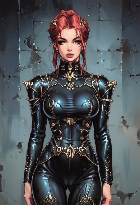 score_9, score_8_up, score_7_up, score_6_up, source_cartoon, rating_explicit, Expressiveh, dynamic pose, front view, (((1girl))), short red hair, realistic drawing, anime, sharp highly detailed 2d illustration, comic art, (hyperrealism, soft light, sharp), (anime:0.5),big ass, thick thighs, cameltoe, fit, abs, high-tech red bodysuit, beautiful, charming, cute, sweet. Seductive and suggestive pose, big natural breasts (((full-clothed))), cyberpunk, standing in spaceship, looking to us,teasing, posing, sci-fi, spaceship background, detailed background, dark theme, low light, highly detailed, intricate, solo, detailed skin texture, Expressiveh, vivid colors, digital artwork,