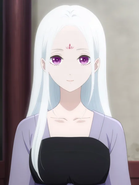 <lora:Ryuu_Jusetsu_v6:0.8>, ryuu jusetsu, 1girl, solo, purple eyes, forehead mark, white long hair, purple hanfu, long sleeves, happy