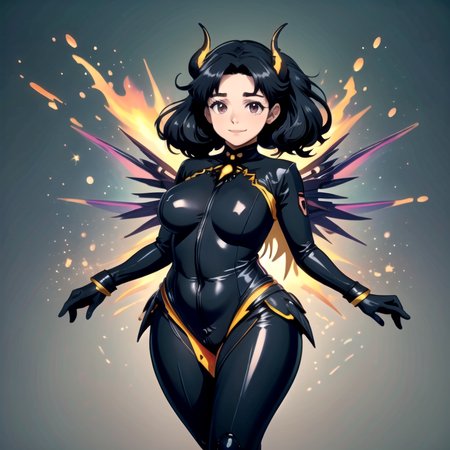 ((top quality, 8k wallpaper)),(masterpiece, best quality),extremely detailed,high definition,(official art:1.3),(((anime screencap,black outline))),<lora:more_details:0.3>,<lora:LCM_LoRA_Weights_SD15:1>,1girl, (large breasts), (parted bangs:1.6), <lora:ETO_OC:0.2> ETO-OC, <lora:ETO_OCC006:0.4>, ETO_OCC, (curly hair:1.3), (long hair:1.1), thick eyebrows, pale skin, curvy, (plump:1.2), fat, 1girl, mature female, smile, black hair, looking at viewer,  BREAK <lora:devilmercy-nvwls-v1:0.7> devilmercy, demon horns, blue sleeves, opalescent bodysuit, long sleeves, blue gloves, pelvic curtain, (mechanical wings:1.4), black leggings, fire, sparks, brimstone, (glowing wings), (neon lights), magical, mystical, rainbow, <lora:opal-style-darquelilly-v1:0.8> opalstyle, opal gems