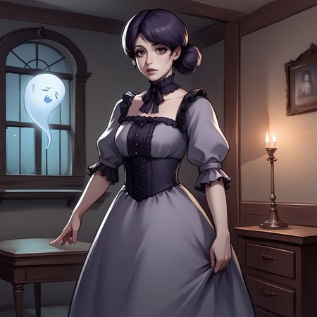 score_9, score_8_up, score_7_up, score_6_up, score_5_up, score_4_up, zPDXL2,source_anime,rating_questionable, solo, 1girl,  Victorian dress, ghost, looking at viewer, cowboy shot,  <lora:Haunted_House:0.8> h4untedhouse, indoors, night, spooky