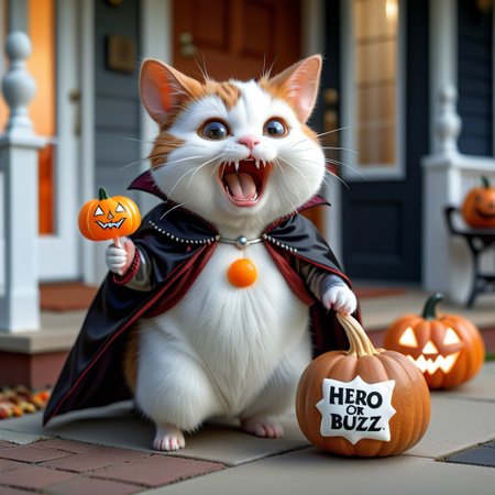 Ultra realistic. white grey brown happy cat with a vampire costume, a small hamster with hero costume,  a orange cat on a princess costume carring a carved pumpkin with candies,  walking on a suburban street, trick or treating houses, midnight light, on a porch house, yelling "Trick or Buzz" text in white letters inside a text balloon