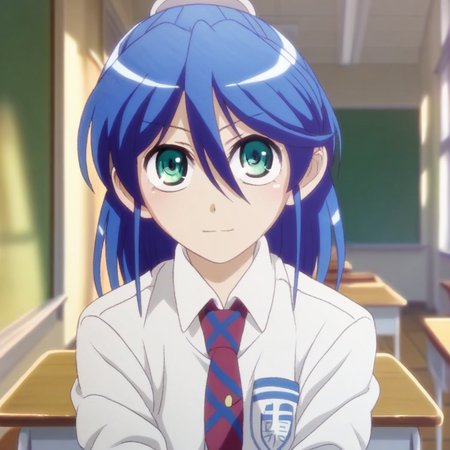 score_9, solo, aizawa_nagisa, blue hair, green eyes, necktie, school uniform, classroom, cute