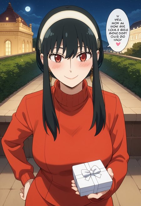 score_9, score_8_up, score_7_up, source_anime,  
BREAK,
happy and in love, gentle smile, looking at viewer, Expressiveh, yor briar, black hair, red eyes, sidelocks, hairband, short hair with long locks, white hairband, medium breasts, dress, long sleeves, red sweater, sweater, sweater dress, 1girl, solo, wide hips, blush, text bubble, hearts, 
standing, standing straight, one hand on hip, upper body, portrait, holding a heart-shaped gift box, from above, 
night, in a luxurious palace rooftop near the beach, outdoors,