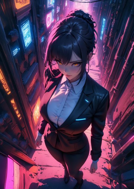 masterpiece, best quality, very aesthetic, absurdres
wlop miimalism  
  cinematic  lighting 
   1girl, aged up
  walking in the alley black suit white collar shirt 
 perspective from above
 cyberpunk, neon