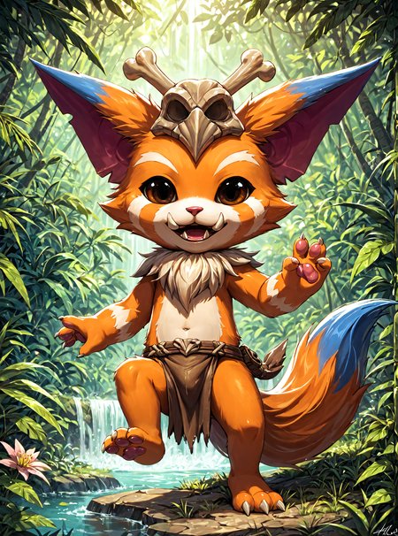 <lora:GnarXL-000045:1> Gnar, yordle, fangs, 3 toes, pawpads BREAK
loincloth BREAK
jungle background BREAK
holding melee weapon, bone, action pose, open mouth, BREAK
masterpiece, best quality, zPDXL3, score_9_up,score_8_up,score_7_up,score_6_up,score_5_up,score_4_up, source_furry, detailed background, absurdres, outstanding, detailed soft lighting, high resolution, 8K, perfect hands, highres, featured digital artwork artstationâââ