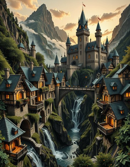 A breathtaking medieval fantasy city nestled in a lush valley, surrounded by towering mountains and dense forests. A grand castle with multiple towers and turrets stands atop a hill, overlooking the town below. The city consists of charming half-timbered houses with glowing windows, perched on rocky cliffs and connected by stone bridges over cascading waterfalls. The river flows through the village, reflecting the warm golden lights of lanterns and torches. Ivy and moss grow over the stone walls, adding to the enchanted, ancient atmosphere. The background features misty mountains with additional fortresses and watchtowers, partially hidden by low-hanging clouds. The sky is illuminated by a soft, warm sunset, casting a golden glow on the scenery, creating a perfect blend of realism and fantasy. Highly detailed, cinematic, and immersive, with a magical, fairy-tale ambiance.
<lora:SDXLFaeTastic2400:0.4> <lora:extremely_detailed:0.4> extremely detailed, ,medieval f4nt4sy c1ty <lora:medieval_f4nt4sy_c1ty-i:1>, Masterpiece,best quality,hi res,8k,hi res,8k,award winning,(sharp focus, intricate, highly detailed),