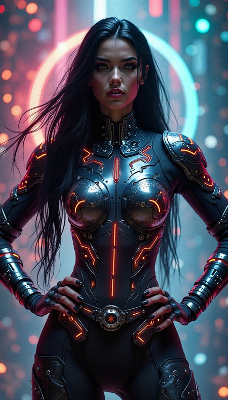 A fierce female warrior with long, flowing black hair, her armor etched with glowing rainbow colored circuits, lining strip of RGB led lighting  and electronic chip, stands in the heart of a digital nexus.her hands on her own hips.  Surrounding her is a vortex of luminous circuitry, casting intricate patterns of light on her armor. The scene is rendered with photorealistic detail, the lighting capturing the interplay between the metallic textures and the pulsating rainbow colored energy energy of the digital backdrop.
3d render in unreal engine