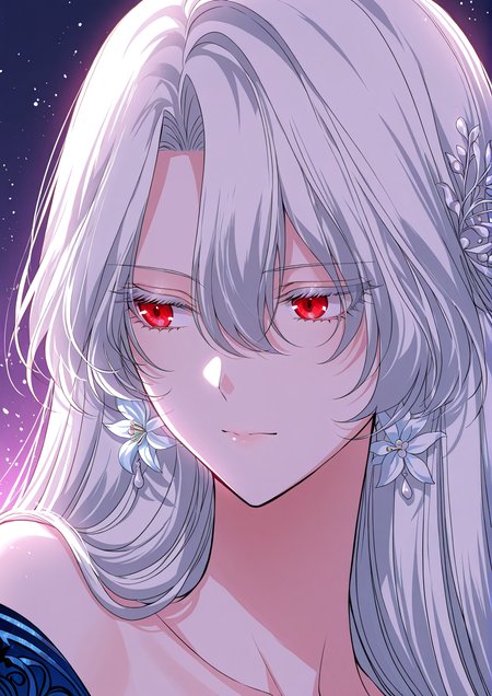 <lora:Raviel_Ivansia__SSS_Class_Suicide_Hunter__Illustrious:1>
1 girl, solo, long white hair, straight hair, red eyes, hair between eyes
off-shoulder evening dress, blue floral gown, embroidered patterns, high slit dress, fitted waist, ornate bodice, lily decorations, gemstone ornaments, long gloves, blue gloves, 
masterpiece, best quality, intricate details, gothic fantasy, upper body portrait, dramatic pose, confident gaze, cinematic lighting, clean background, glowing magical particles, detailed face, vibrant colors