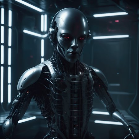 bbuk_style <lora:PureDarkness_RetroSciFi-000060:0.9> close up of a synthetic artificial person posing for a picture while locked in a metal cage with laser bars, spacestation basement, darkness, cinematic shot