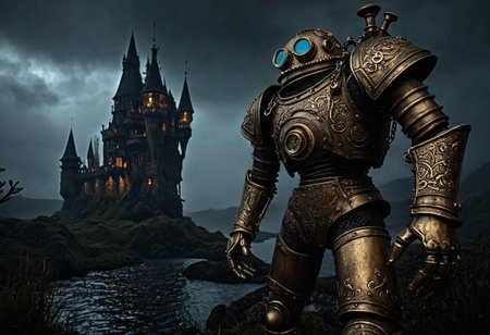 giant bipedal robot brass and dirty sky blue
 striped paint, bronze paisley robot. lacy robot metal. diving helmet torso head. outside of a steampunk keep. large detailed torso. dark image. one forty foot tall ancient robot with great arms and two heavy spring legs. dark foggy night background. $dark foggy night image only. dark photo realistic image. steampunk details. cogs, chains and pipes incorporated in the fantasy buildings. magic wizards tower in background. Dark swamp, moss, castle ruins, wizards tower. stormy dark night. stormy sky. rain.