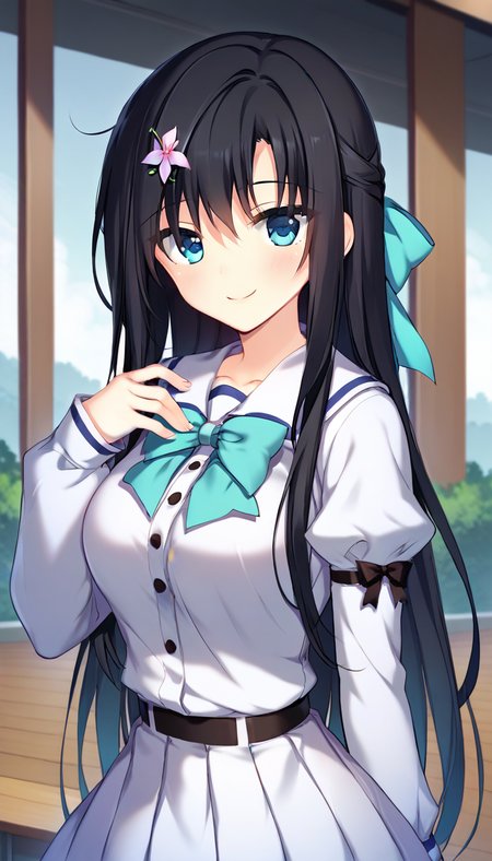 score_9,score_8_up,score_7_up,score_6_up BREAK official art,solo,outdoors,upper body,(portrait:1.5),looking at viewer,facing viewer,smile,blush,Tsugihana Misumi,very long hair,black hair,hair bow,aqua bow,hair flower,sidelocks,bangs,blue eyes,school uniform,black bowtie,white shirt,long sleeves,puffy detached sleeves,white skirt,frilled skirt,white socks,mary janes,<lora:Tsugihana Misumi(pa)-Pony:1.4>,