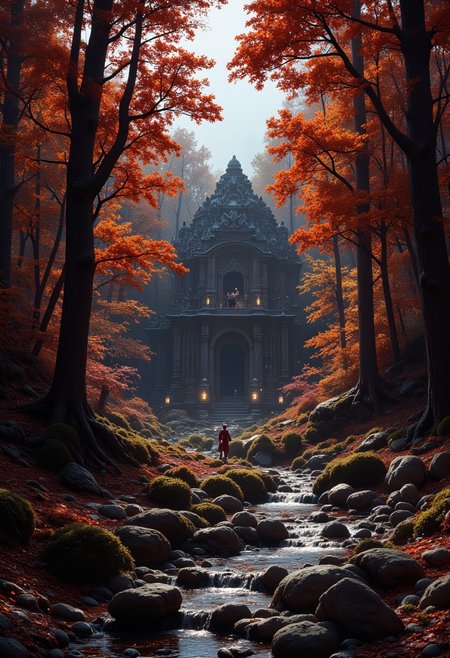 In a vast forest where autumn never ends, the trees are perpetually adorned with leaves in shades of red, orange, and gold. The ground is covered in soft, crunchy leaves, and the air is crisp with the scent of pine and wood smoke. In the heart of the forest, an ancient stone temple stands surrounded by towering oaks and weeping willows. The temple is covered in intricate carvings of mythical beasts and symbols of the forest gods. A stream winds through the forest, its waters shimmering with magic and its banks lined with mushrooms that glow in the twilight. In the trees, small winged creatures with glowing eyes dart between branches, and gentle deer with antlers of silver graze peacefully on the soft moss. The soft glow of lanterns hangs from the trees, casting a warm, inviting light. A group of druids walks along the forest path, their robes made of woven leaves and vines, as they perform a ritual to honor the spirit of the forest.