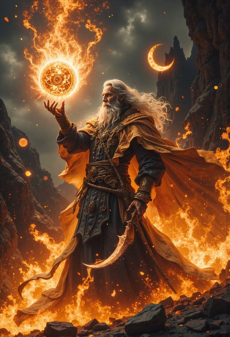 Depict a dynamic action scene of a powerful sorcerer in the midst of casting an ancient and formidable spell. The focus is on the intense energy radiating from the scene as vibrant, glowing magical lines swirl chaotically around the mage, creating an intricate pattern of luminous orange and gold. These fiery streams of energy twist and curl through the air, enveloping the sorcerer in a dazzling display of arcane power.  The sorcerer, a figure of wisdom and might, stands tall amidst a backdrop of jagged rock formations and a stormy, ash-filled sky. His flowing beard and long robes move with the force of the magic around him, adding to the sense of motion and drama. In one hand, he holds a staff with a crescent-shaped head, its surface etched with runes that glow faintly, resonating with the power of his spell. His other hand is extended towards a floating, radiant runic circle suspended in midair.  The runic circle is the centerpiece of his spellcastingâa luminous disk filled with glowing symbols and intricate patterns, pulsing with energy. The mageâs fingertips lightly graze its surface, sending ripples of light and sparks cascading through the air. Shards of broken rocks and debris hover in the background, suspended by the sheer force of the magical energy, amplifying the gravity of the moment.  The lighting is dramatic and vivid, with the fiery orange glow of the magic illuminating the mageâs determined expression, casting long shadows and creating a stark contrast against the dark and turbulent surroundings. The overall composition captures the raw, untamed power of magic in action, immersing the viewer in a scene of awe-inspiring intensity and energy. <lora:Dever_Flux_Enhancer.safetensors:0.5>,  <lora:Elden_Ring_-_Yoshitaka_Amano.safetensors:1.0>,  <lora:Movie_Portrait.safetensors:0.6>,  <lora:- Flux1 - soothing_atmo_V2.0.safetensors:0.3>,  <lora:lith_mimosa_kiel_grw134_FLUX.safetensors:0.5>,