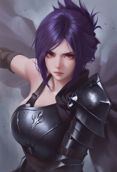 best quality, masterpiece, sfw,
n0m0, watercolor, lldn, detailed drawing,
close-up shot, view from aside, 
solo, holding sword, dynamic fighting pose,
1girl, 
sabia, human, purple hair, red eyes, folded ponytail,
armor, single shoulder armor, cape, single bare shoulder, clothed,
large breasts,  
looking at viewer, closed mouth,