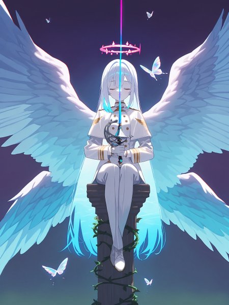 anime screencap, <lora:Konosuba_Anime_Style_IllustriousXL-000009:0.8>,
<lora:nai_ILL:0.8>,
<lora:Glowing_Spot_Color_-_Illustrious:0.6>, glowing eyes, streaked hair, glowing inner hair, glowing streaks,
1girl,glowing,one glowing_halo behind girl,colorful,holy,seraph,(too many feathered_wings),musician costume,white tuxedo,musician,chromatic aberration aesthetic,white skin,closed eyes,holding white_cello,holding rapier_sword,white hair,beautiful detailed face,expressionless,sitting on pillar,glowing halo,halo behind girl,rainbow,(transparent butterfly),glowing_butterfly,transparent wings,vines,vines on pillar,
masterpiece,best quality,8K,original,chromatic aberration,(film grain),Vaporwave style,(Vaporwave background),detailed background,close-up,
