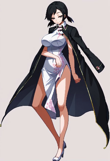 score_9, score_8_up, score_7_up, source_anime, BREAK, solo, 1girl, smile, looking at viewer, <lora:Under-Night-In-Birth-Sprites-pdxl_Fp:1>, simple background, full body, standing,  <lora:kanno_fumi-koto-PonyXL 2:1>, FuSu, black hair low twintails,short twintails,  grey eyes, FuCi, black hair, jacket on shoulders, low twintails,short twintails,white china dress, grey eyes, huge breasts,