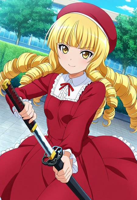 general,highres, ultra-detailed,very aesthetic,best quality ,best hands,best eyes,easynegative,
dynamic anglre, dutch angle, anime cloring,anime screencap,
1girl solo,looking at viewer,school,outdoors,smile,holding katana,fighting,
Yoshitsune Minamoto Kurou,yellow hair,blunt bungs,long hair,rolling hairs,yellow eyes,small breasts,long red frills dress,red hat,