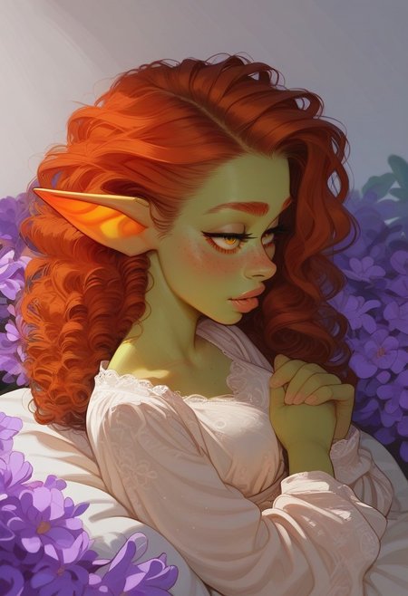 score_9, score_8_up, score_7_up, score_6_up,
Expressiveh, full body 
Break
1girl, goblin girl, thin, lythe, shortstack, narrow waist, redhead, very long curly red hair,  green skin, freckles, sweet face,  pouty lips,  big yellow eyes,  large pointed ears,  white chest wrap,  brown loincloth,  sitting  in flower bed, (Breeze blowing hair.)
detailed background, A park with wisteria flowers in bloom, wisteria flowers in full bloom, a faint glimpse of the sky, sunrise sky, beautiful clouds, dappled sunlight, 
I can see a windmill in the distance, 
depth of field, masterpiece, best quality, ultra-detailed, very aesthetic, illustration, perfect composition, intricate details, absurdres, moody lighting, wisps of light, no humans,