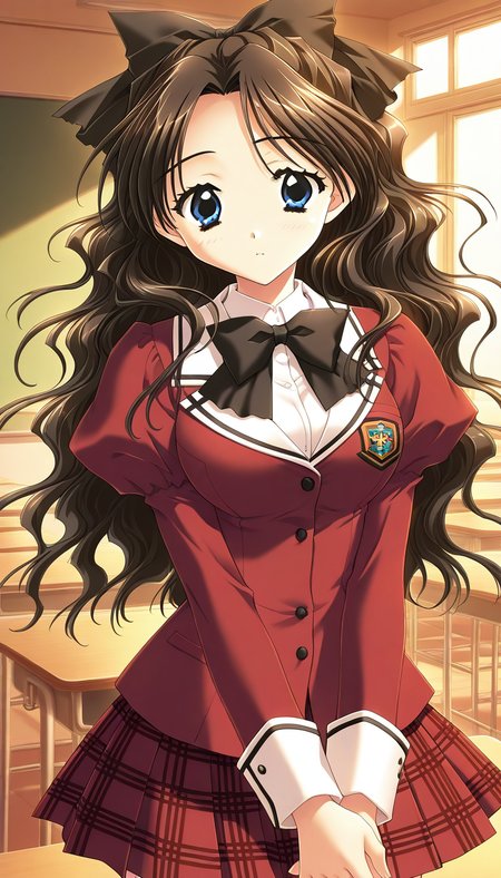 general,highres, ultra-detailed,very aesthetic,best quality ,best hands,  BREAK <lora:Shirai_Yuuri_IS:1>ShiraiYuuri, 1girl, long hair, brown hair, blue eyes, hair bow, ribbon, black hair, wavy hair, hair ribbon, breasts,
 school uniform, red skirt, black bow, plaid, plaid skirt, long red sleeves, bowtie, pleated skirt, own hands together, jacket, puffy sleeves,
crass room,