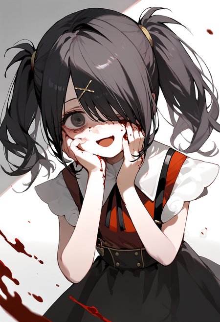 (score_9, score_8_up, score_7_up), 1girl, amechan, hair over one eye, shaded face, blood, hand on own cheek, smile, open mouth, <lora:NGO-PO-v1A-000008:0.9>