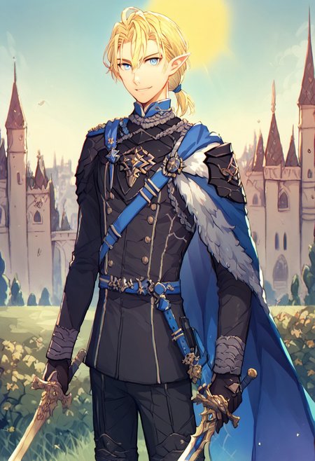 score_9, score_8_up, score_7_up, score_6_up, score_5_up, score_4_up, source_anime,  dimitrife, dimitribase, dimitrihopes, 1boy, blonde hair, blue eyes, solo, hair between eyes, short ponytail, pointy ears, military uniform, black and blue military uniform, blue sash, blue cape, smile, holding sword, cowboy shot, t0pu, looking at viewer, castle, outdoors, sun