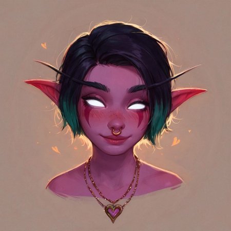 score_9, score_8_up, score_7_up, masterpiece, high quality,
cute night elf World of Warcraft, 1girl, adult, tall figure, pointy ears, purple skin, short hair, green hair, black hair, multicolored hair, half, beautiful cute face, glowing eyes, white eyes, no pupils, face markings, shy face, blush, necklace, jewellery, nose ring
closed eyes, smiling, heart symbol
rim light, simple background, face, portrait, one face only, highly detailed, details