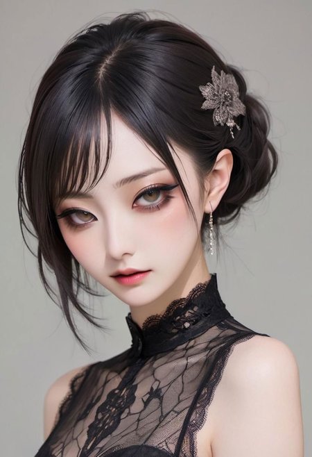 1girl, japanese,   detailed face,
glasses 
  beautiful, smoky eyeshadow  , gothic , black  lace dress