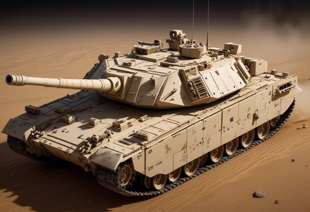 (medium full shot) of (rugged light desert-camo tank) with ceramic armor, electric, advanced targeting system, additional storage compartments, set in  a flat battlefield, with clear lines of sight and few places to hide, the tank in a direct confrontation, during a nighttime operation, Masterpiece,best quality, photo, realistic, very aesthetic,